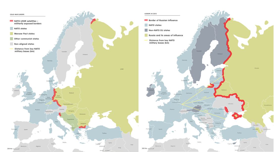 Figure 1 Map of the comparative border between NATO/EU and the USSR during the Cold War era and afterwards