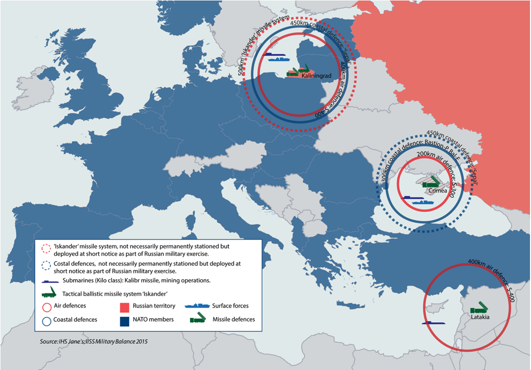 Figure 2 A partial depiction of Russian A2AD capabilities along the NATO’s eastern and southern borders