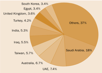 Figure 2. The 10 largest importers of US arms in 2013–17 and their share of US arms exports