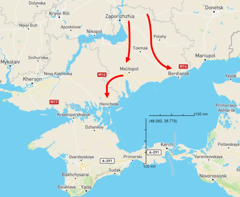 Figure 3 Map of Southern Ukraine The two arrows show the potential Ukrainian spring offensive in 2023 Kherson is located in the west and Crimea in the south Retrieved from Beyond the Horizon